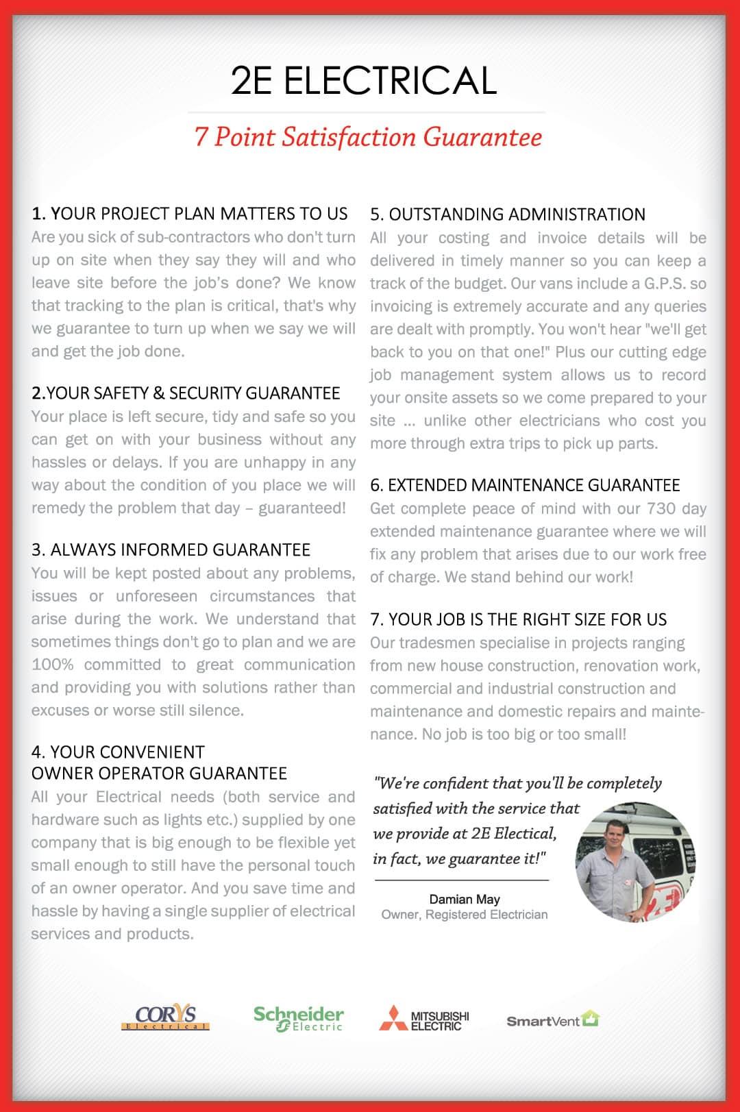 2E Electricals 7 Point Satisfaction Guarantee outlining service commitments including project planning, safety, communication, administration, maintenance, and job size suitability.