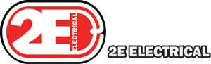 2E Electrical logo in red and white with stylized plug graphic and bold black text